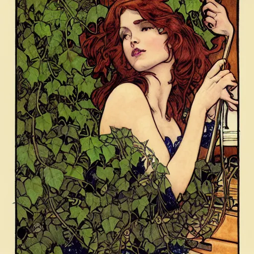 Prompt: a beautiful tarot card of poison ivy playing a piano with vines and singing in a jazz club, female, in the style of magic the gathering, intricate, elegant, highly detailed, digital painting, artstation, concept art, matte, sharp focus, illustration, art byby rebecca guay and by arthur rackham and by alphonse mucha and by john william waterhouse