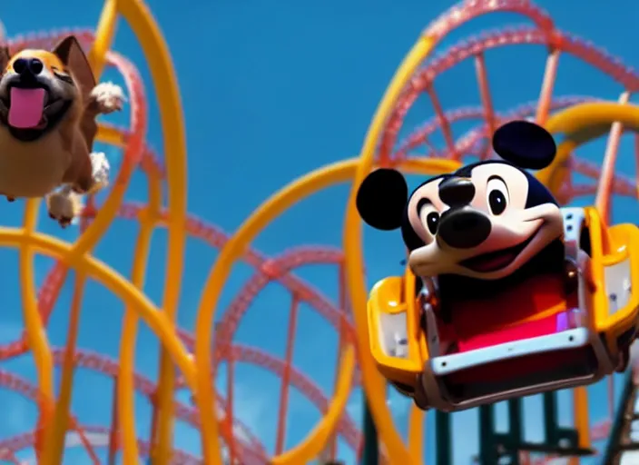 Prompt: film still of a dog riding a roller coaster in disneyland paris in the new kids movie, 8 k