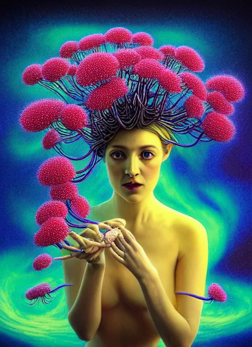 Prompt: hyper detailed 3d render like a Oil painting - Aurora (Singer) seen Eating of the Strangling network of yellowcake aerochrome and milky Fruit and Her delicate Hands hold of gossamer polyp blossoms bring iridescent fungal flowers whose spores black the foolish stars by Jacek Yerka, Mariusz Lewandowski, Houdini algorithmic generative render, Abstract brush strokes, Masterpiece, Edward Hopper and James Gilleard, Zdzislaw Beksinski, Mark Ryden, Wolfgang Lettl, hints of Yayoi Kasuma, octane render, 8k