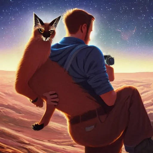 Image similar to Ryan Gosling holding a cute caracal on a mountain on mars, cinematic angle, studio Ghibli, cinematic lighting, detailed oil painting, hyperrealistic, 8k