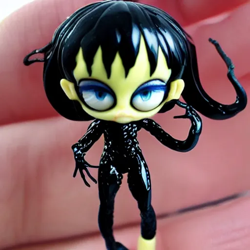 Image similar to lifelike plastic figurine miniature of chibi venom, ultra detailed, kawaii, junji ito, artgerm, blender, scenic background of cardshop