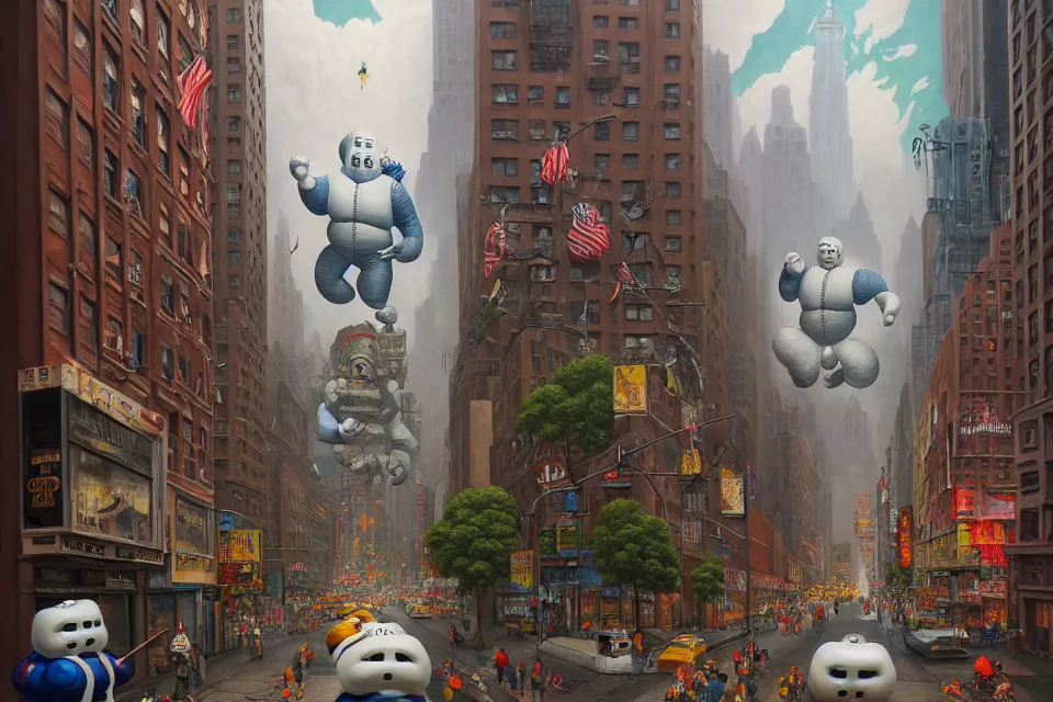 Image similar to hyper detailed 3d render like a Oil painting - the stay-puft marshmellow man facing off against king kong on the streets of new york, by Jacek Yerka, Mariusz Lewandowski, Houdini algorithmic generative render, Abstract brush strokes, Masterpiece, Edward Hopper and James Gilleard, Zdzislaw Beksinski, Mark Ryden, Wolfgang Lettl, hints of Yayoi Kasuma, octane render, 8k