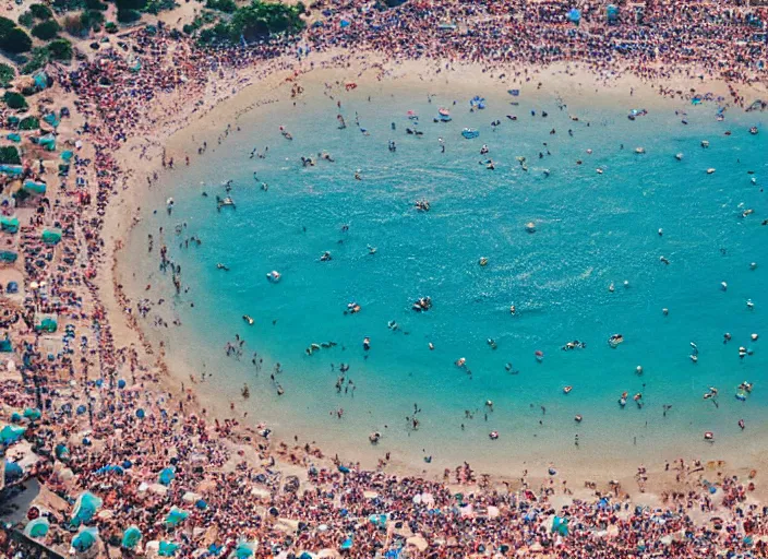 Prompt: symmetry!! a 2 8 mm macro aerial view of a crowded beautiful beach in greece, photography, film, film grain, canon 5 0 mm, cinematic lighting