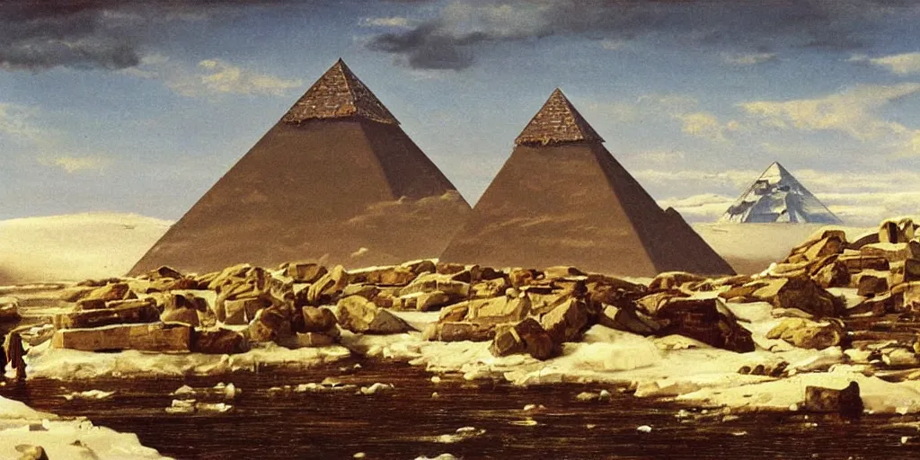 Prompt: Antarctica, pyramids, oil painting, highly detailed, artwork, in style of Albert bierstadt