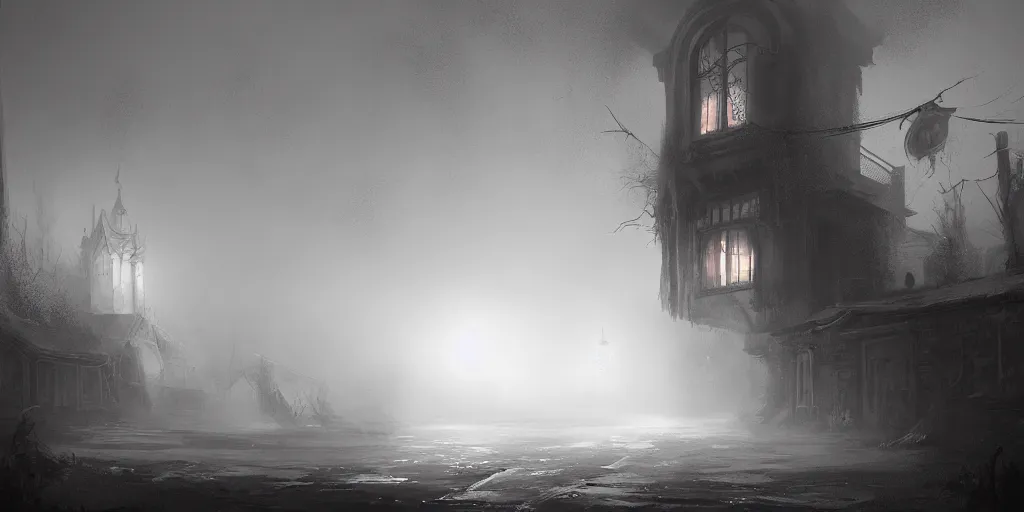 Prompt: fantasy depiction of the realm of shadows shrouded by mist trails leading to a red door, low saturation, high contrast, mostly greyscale, eerie disturbing lighting, in the style of marcin rubinkowski, greg rutkowski, lorenzo lanfranconi, oleg zherebin, trending on artstation