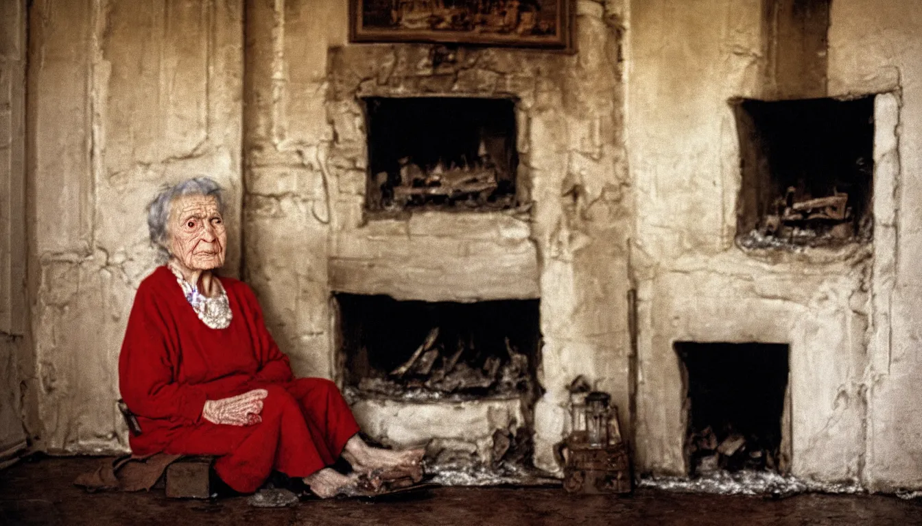 Prompt: in a frozen old living room a close up portrait of a solitary old underweight lady is cold, in the fireplace burning money floats in the air, hyper realistic photo, full colour, kodak porta 4 0 0, depth of field, upscale, 8 k, masterpiece,