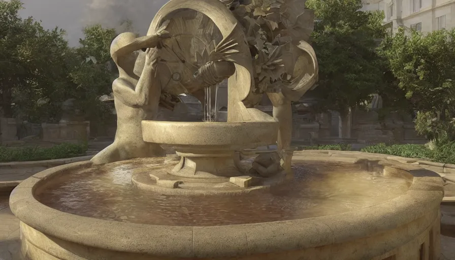 Prompt: craig mullins illustration of an art deco sculpture of the sun on top of a fountain in a garden, unreal engine, hyper realism, realistic shading, cinematic composition, realistic render, octane render, detailed textures, photorealistic, wide shot