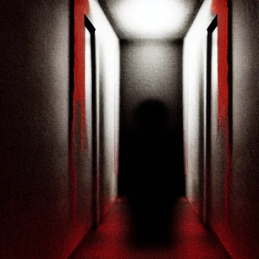 Image similar to photograph of an extremely dark narrow hallway with glowing humanoid monster made out of tv static, dark deep black shadows, red and black color contrast in the style of trevor henderson, liminal space, 3 d octane render, glitch effect