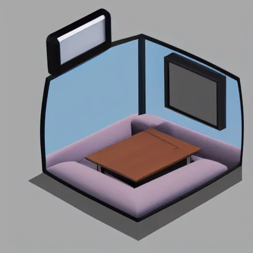 Prompt: 3d render of an isometric room containing a fishbowl on a table, a tv and a couch, 4k