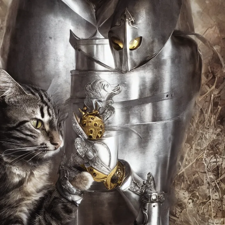 Image similar to an amazing award winning photo of a cat as knight templar protecting the holy grail, very detailed and sharp, 4k hdr, cinematic masterpiece