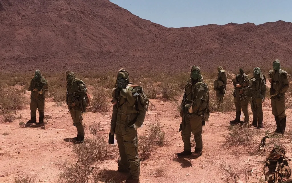 Prompt: a team of five people in dark green tactical gear like death stranding and masks, red mesas behind them, look at a desert oasis in the distance. They 're afraid. dusty, red, mid day, heat shimmering, 35mm film