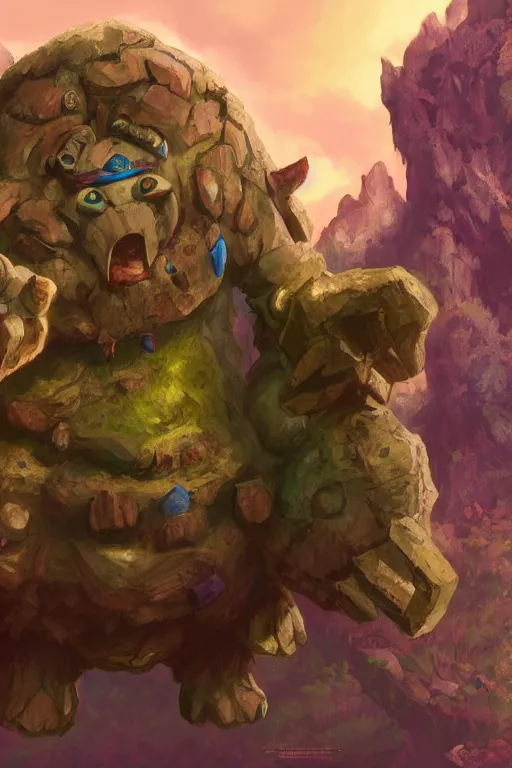 Image similar to zelda fantasy art giant golem troll wood rock greeble gemstone, global illumination ray tracing hdr fanart arstation by sung choi and eric pfeiffer and gabriel garza and casper konefal