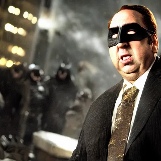 Image similar to a fat nic cage playing batman in the dark knight rises, hd digital photography, movie still