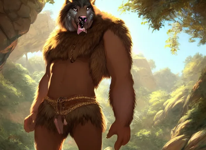 Prompt: burly tough character feature portrait of the anthro male anthropomorphic wolf fursona animal person wearing tribal primitive caveman loincloth outfit belt standing in the entrance to the cave, center framed character design stylized by charlie bowater, ross tran, artgerm, makoto shinkai, detailed, soft lighting, rendered in octane