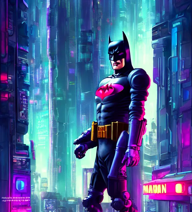 Prompt: character concept of cyberpunk - themed batman, blurry gotham city at night in the background, neon colourful lights | | cinematic rim lighting, global illumination, fine details by stanley artgerm lau, wlop, rossdraws, james jean, andrei riabovitchev, marc simonetti, and sakimichan, trending on artstation