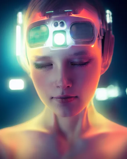 Prompt: photo of dreamy female as a solarpunk cyborg with fluorescent lamps over face, robotic body parts around neck, real human face with skin, ultra - realistic and detailed, long exposure, soft focus hdr 8 k