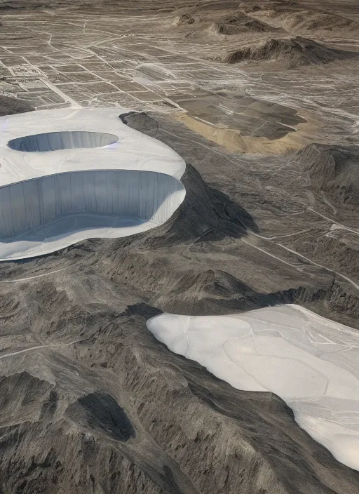 Prompt: bioremediation white hologram architecture, in the mining tailings of chuquicamata, epic, cinematic, hyperealistic, high detailed, corona render, hdr, ray tracing