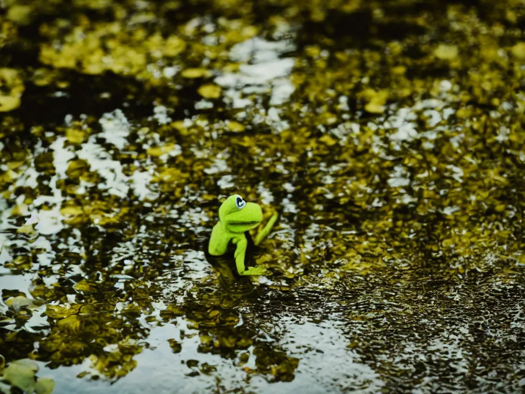 Prompt: Kermit the frog by a pond 35mm portrait photography depth of field golden hour award winning