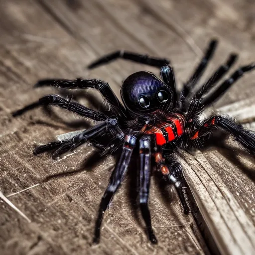 Image similar to small Robot spider wielding a big chainsaw, 40nm lens, wide angle, shallow depth of field, 4k,