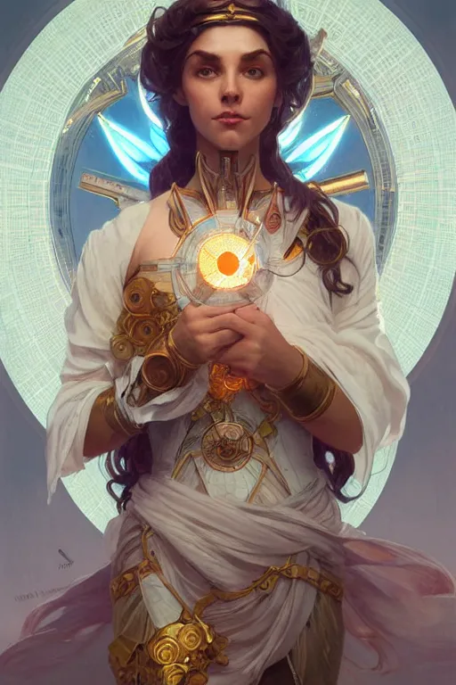 Image similar to goddess of science and engineering, only two hands, highly detailed, digital painting, artstation, concept art, smooth, sharp focus, illustration, unreal engine 5, 8 k, art by artgerm and greg rutkowski and edgar maxence and alphonse mucha