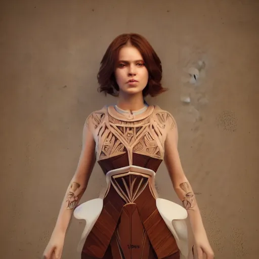 Image similar to beautiful girl in a dress made of wood, beautiful portrait, symmetrical, character concept style trending on artstation concept art detailed octane render cinematic photo - realistic 8 k high detailed