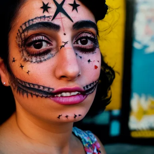 Image similar to beautiful young latino woman with gutterpunk pen ink face tattoos at golden hour, paper stars in background, cinematic diane arbus, leica s, fuji 8 0 0, grainy, low light