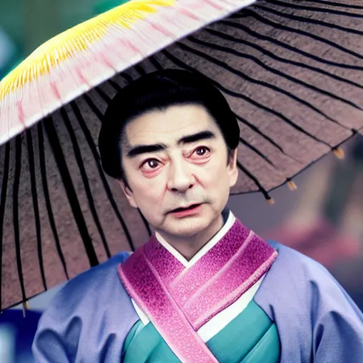 Prompt: rowan atkinson dressed as a traditional korean woman with an umbrella, cinematic shot, dynamic lighting, close up, impressive winning photo, pastel colors