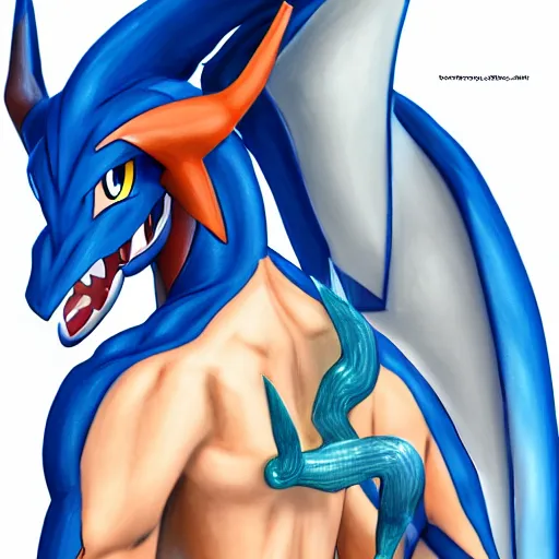 Image similar to human man with the tail of the pokemon dragonair attached to his whole spine, futuristic, electrical, back - shot, high tech, symmetrical, digital art, dragon, blue, pokemon, anatomy, d & d, 4 k hd, very detailed, drawing