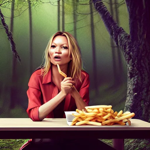 Image similar to A beautiful hyper realistic ultra detailed lifelike matte painting of Kate Moss eating big macs in the forest, serving fries, covered in ketchup, unreal engine, deviantart, flickr, artstation, octane render, textured, colorful, extreme realistic detail, physically based rendering, pbr render, very detailed, volumetric lighting, detailed lighting, octane render, 4k, cinematic lighting, 8k resolution