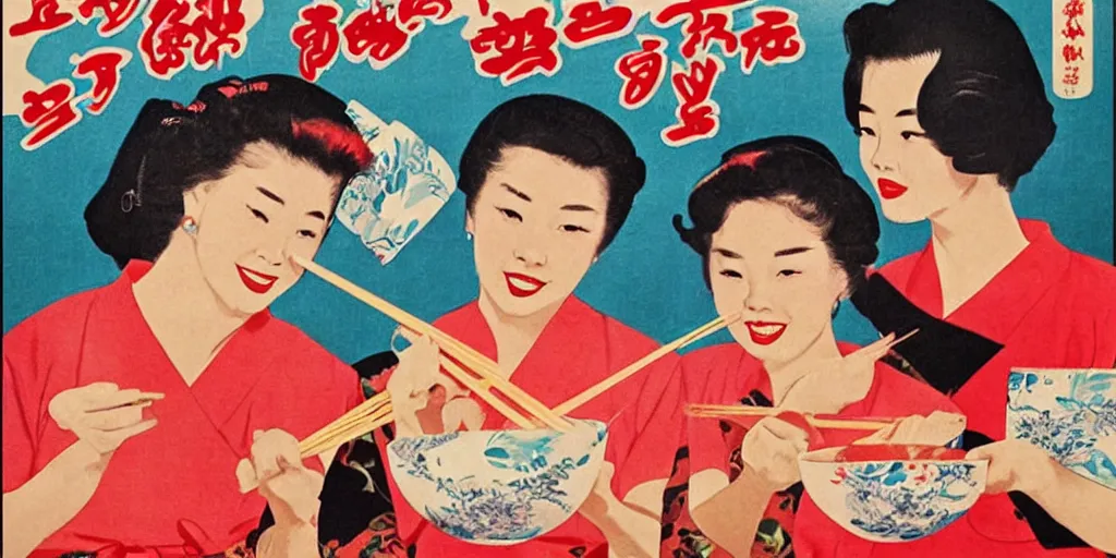 Image similar to 2 beautiful women holding chopsticks and eating a bowl of ramen, 1950s poster art