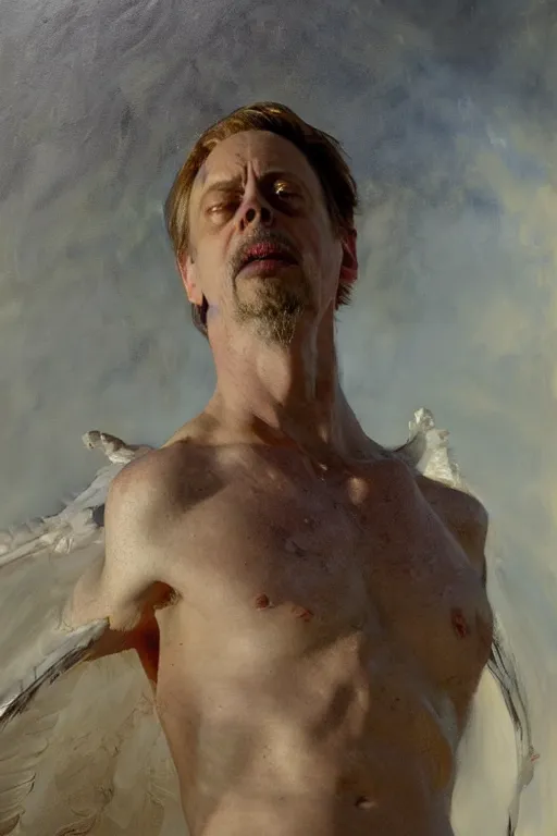 Image similar to beautiful detailed expressive impressionistic oil painting portrait of ancient roman god emperor steve buscemi levitating in angelic pose wearing the civic crown, art by anders zorn, wonderful masterpiece by greg rutkowski, expressive brush strokes, beautiful cinematic light, american romanticism by greg manchess, jessica rossier