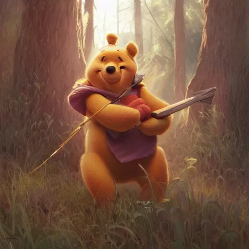 Prompt: Winnie the Pooh executioner, highly detailed, digital painting, artstation, concept art, sharp focus, illustration, art by artgerm and greg rutkowski and alphonse mucha,