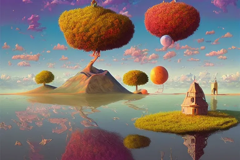 Image similar to surreal glimpse into other universe, floating island in the sky, summer morning, very coherent and colorful high contrast, art by!!!! gediminas pranckevicius!!!!, geof darrow, dark shadows, hard lighting