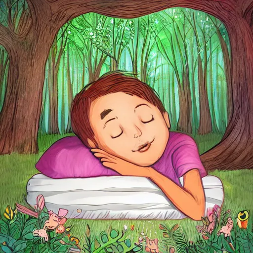 Image similar to a beautiful illustration of a little cute boy on his bed dreaming about a beautiful forest, detailed face, beautiful colors, digital art