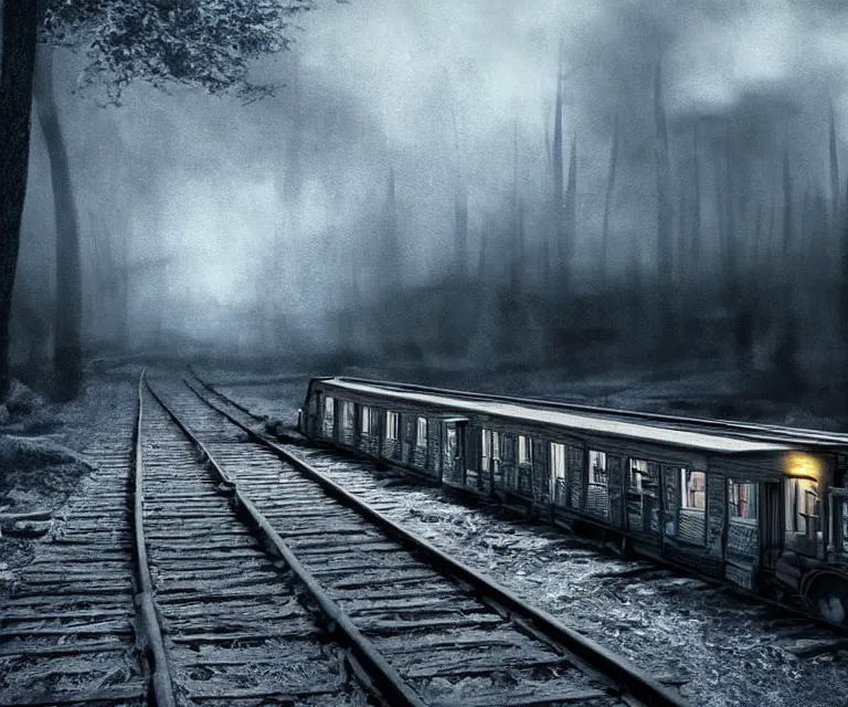 Prompt: magical ghost train, high res, photorealistic, dark atmosphere, gloomy tracks, bright lights, forestry