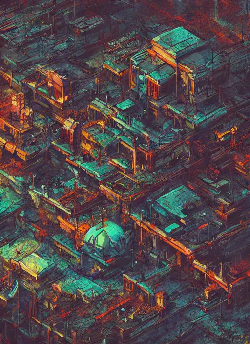 Image similar to abandoned cyberpunk village on a mountain bird eye view bird artwork by anato finnstark