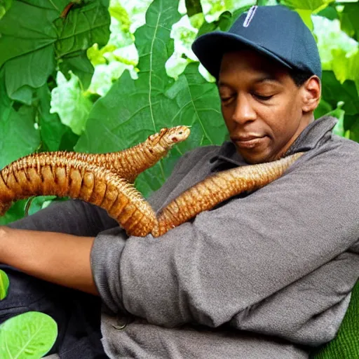 Image similar to john coltrane snuggling a giant mealworm
