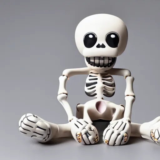 Prompt: a smiling off-white colored cheburashka skeleton shiny porcelain figurine sitting in front of a neutral background, 4k, high definition, detailed product shot, kaws, Jeff koons”