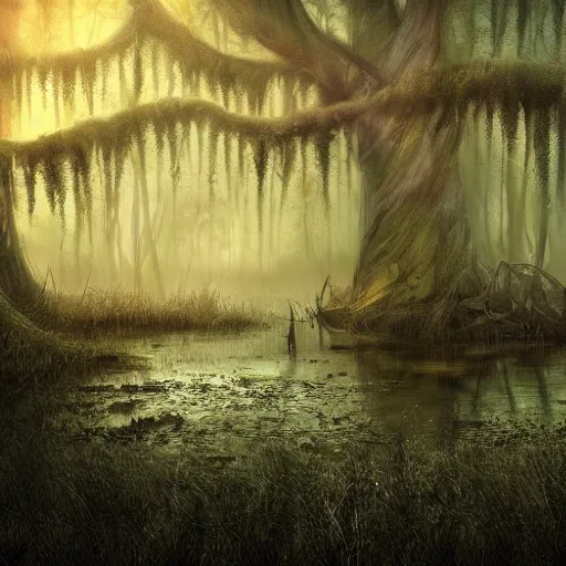 Prompt: concept, artistic swamp with mystic fog, fishing rode, from horror movies, art station, mysterious, masterpiece