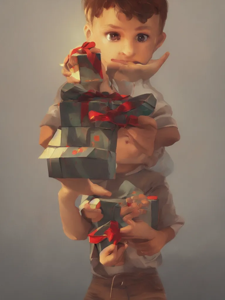 Image similar to a cute boy with a giftbox with bow and ribbon in a painting from stalenhag, 4 k, 8 k, hdr, artstation, concept art