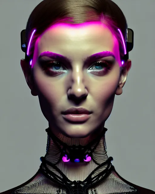 Prompt: 3 d front pose render, stunning beautiful young girl alluring biomech - cyberpunk model with a porcelain profile face, rim light, big neon circiuts and lines, borders, fine detail, lace, alexander mcqueen, art nouveau fashion embroidered collar, dieselpunk, neon filigree details, hexagonal mesh wire, ifs reflection, elegant, artstation trending