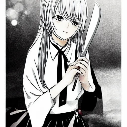 Image similar to “Detailed manga art of a beautiful Japanese girl holding a knife; loving expression; school uniform; high contrast; clean, sharp”