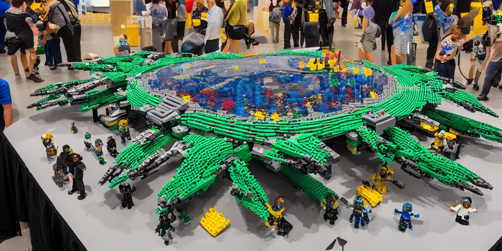 Image similar to wide shot lens photo of a very intricately detailed and epically shaped 1. 2 5 m long alien lego mothership ufo kit designed by a master builder as displayed at a lego convention.