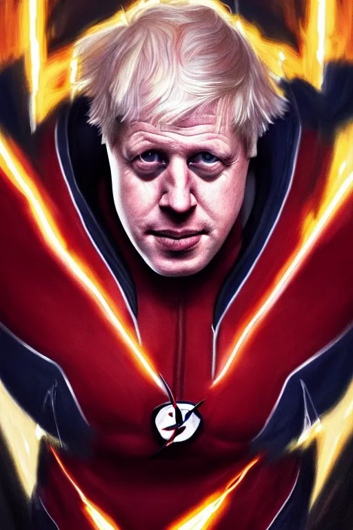 Image similar to Boris Johnson as Flash by Zack Snyder, realistic portrait, symmetrical, highly detailed, digital painting, artstation, concept art, smooth, sharp focus, illustration, cinematic lighting, art by artgerm and greg rutkowski and alphonse mucha