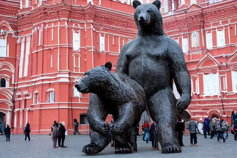 Image similar to a gigantic statue of bear in the middle of the red square, excited russians, symmetry, awesome exposition, very detailed, highly accurate, 8 k