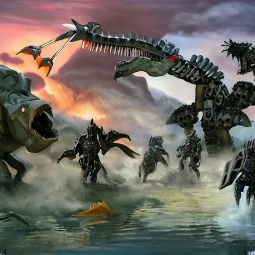 Image similar to mechs fighting dinosaurs seductively