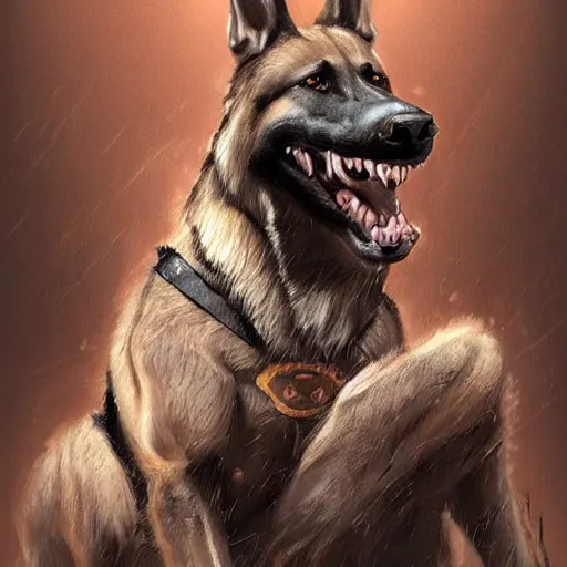 Image similar to a humanoid german shepherd beast - man in military style, sitting on the carpeted floor beside a bed, highly detailed portrait, digital painting, artstation, concept art, smooth, sharp foccus ilustration, artstation