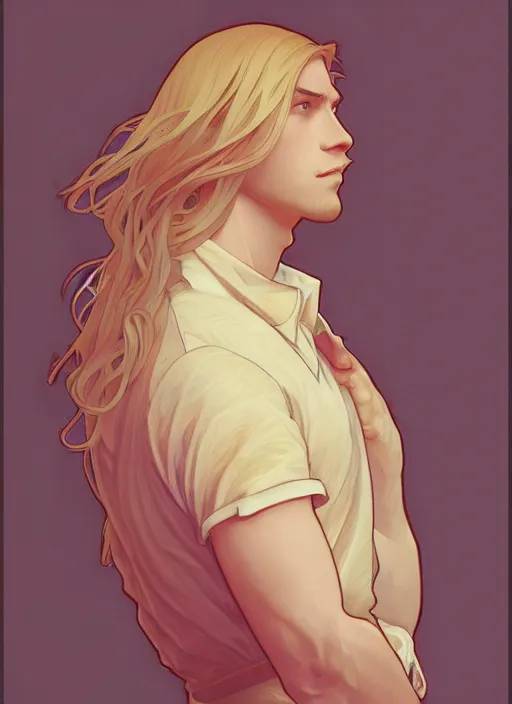 Image similar to pretty young man with shoulder length shiny shimmering golden blond hair, path traced, highly detailed, high quality, digital painting, by studio ghibli and alphonse mucha, leesha hannigan, makoto shinkai, disney