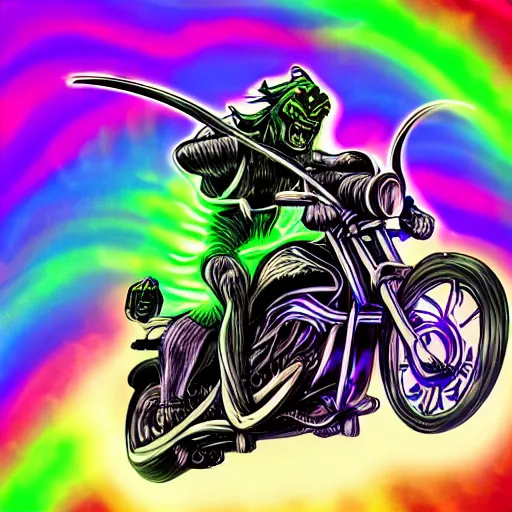 Image similar to psychedelic blacklight airbrush artwork, hyper stylized action shot of an orc biker riding a motorcycle, airbrushed on a black background