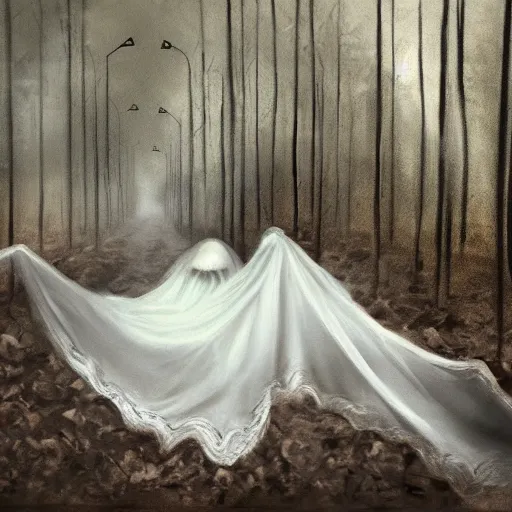 Prompt: ominous bedsheet ghost floating in front of a train deep in the forest, oil painting, brush strokes, gloomy foggy atmosphere, symmetrical, full body image, highly ornate intricate details,